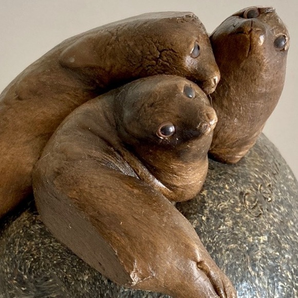 Gloria Shinn Wax Carved Sculpture 3 Seals Sea Lions on a Rock Vintage Art Piece - Picture 1 of 11
